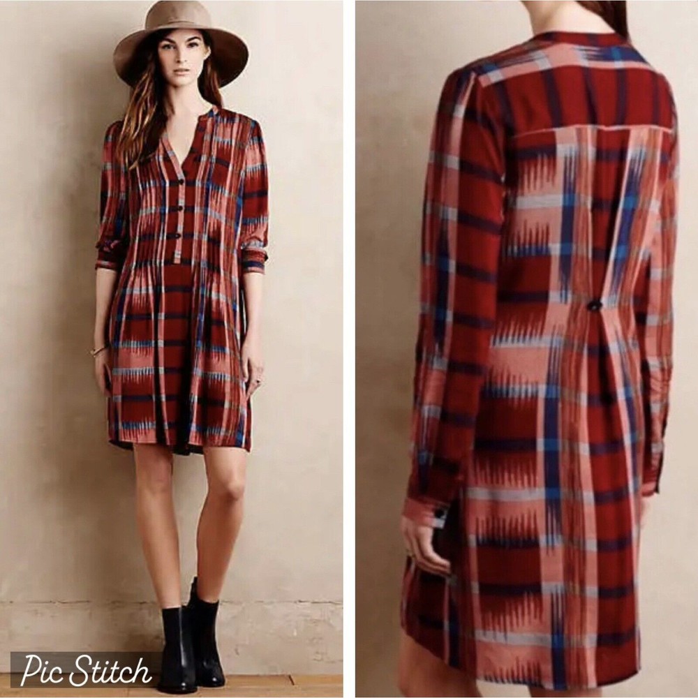 11.1 Tylho Womens XS Sao Paulo Shirt Dress Pockets Aztec Plaid Burnt Orange Blue